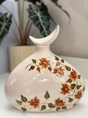 Vintage 1985 Signed Cream Ceramic Decanter / Vase  with Brown Floral Detail